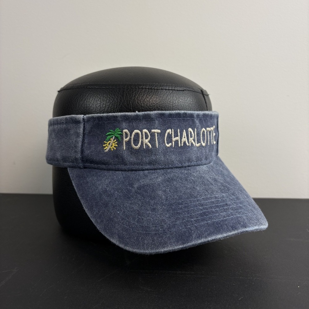 Vintage Y2K Port Charlotte Florida Sun Visor Hat Blue Denim Washed Palm Tree Cap